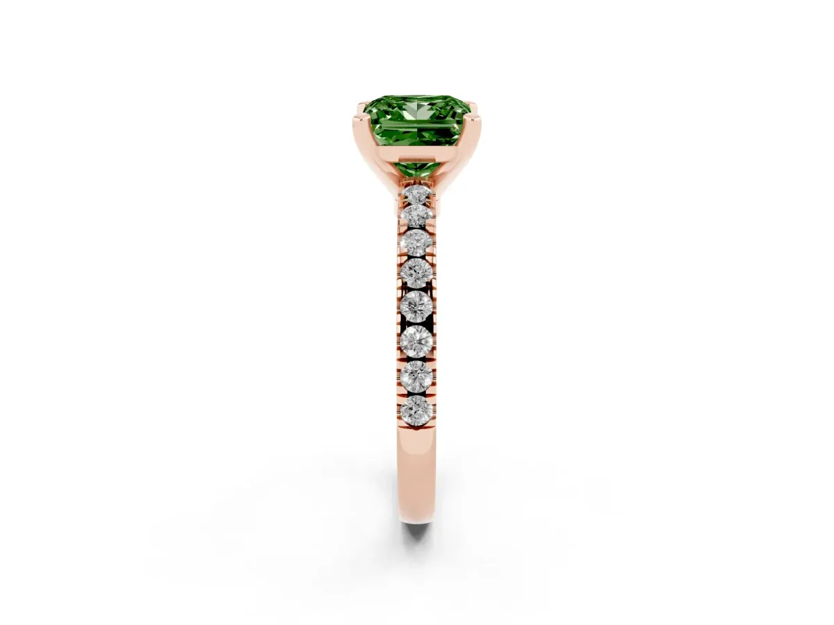 Fancy Green Princess Cut Solitaire Diamond with Pavé Band and Four-Prong Setting Rose gold