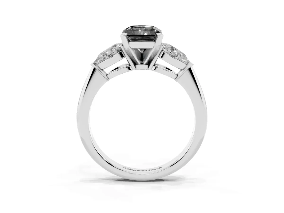 Fancy Black Three-Stone Radiant Cut Diamond Ring with Pear Side Stones and Four-Prong Setting Silver