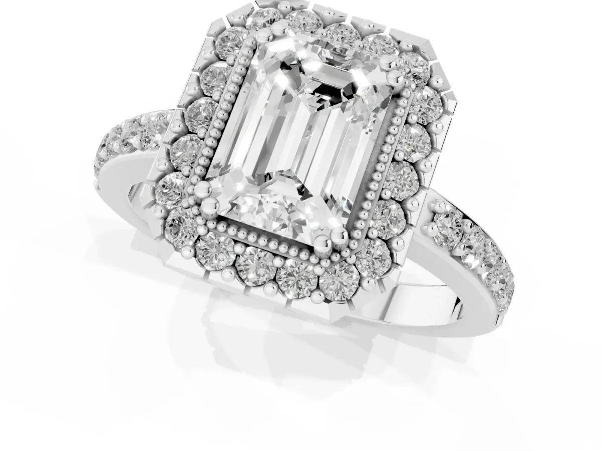 Emerald Cut Diamond Halo Ring with Pavé Band and Prong Setting Silver