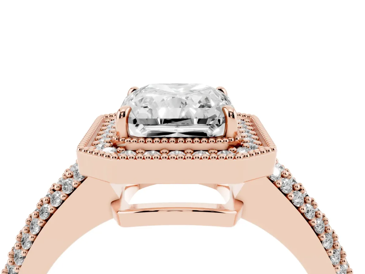 Radiant Cut Cut Halo Diamond Pave Band with Four-Prong Setting Rose gold