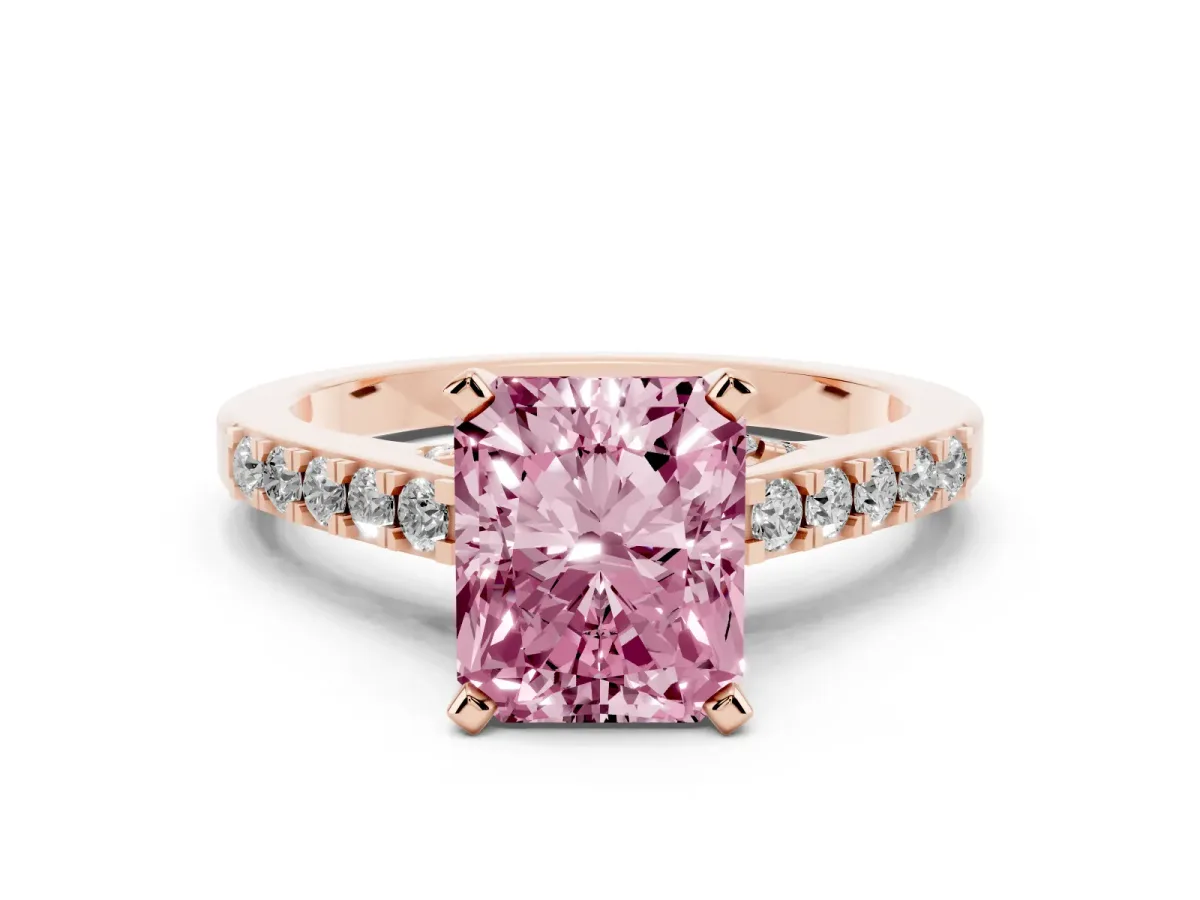Fancy Pink Radiant Cut Diamond Solitaire Ring with Crossover Gallery and Round Pavé Band Rose gold