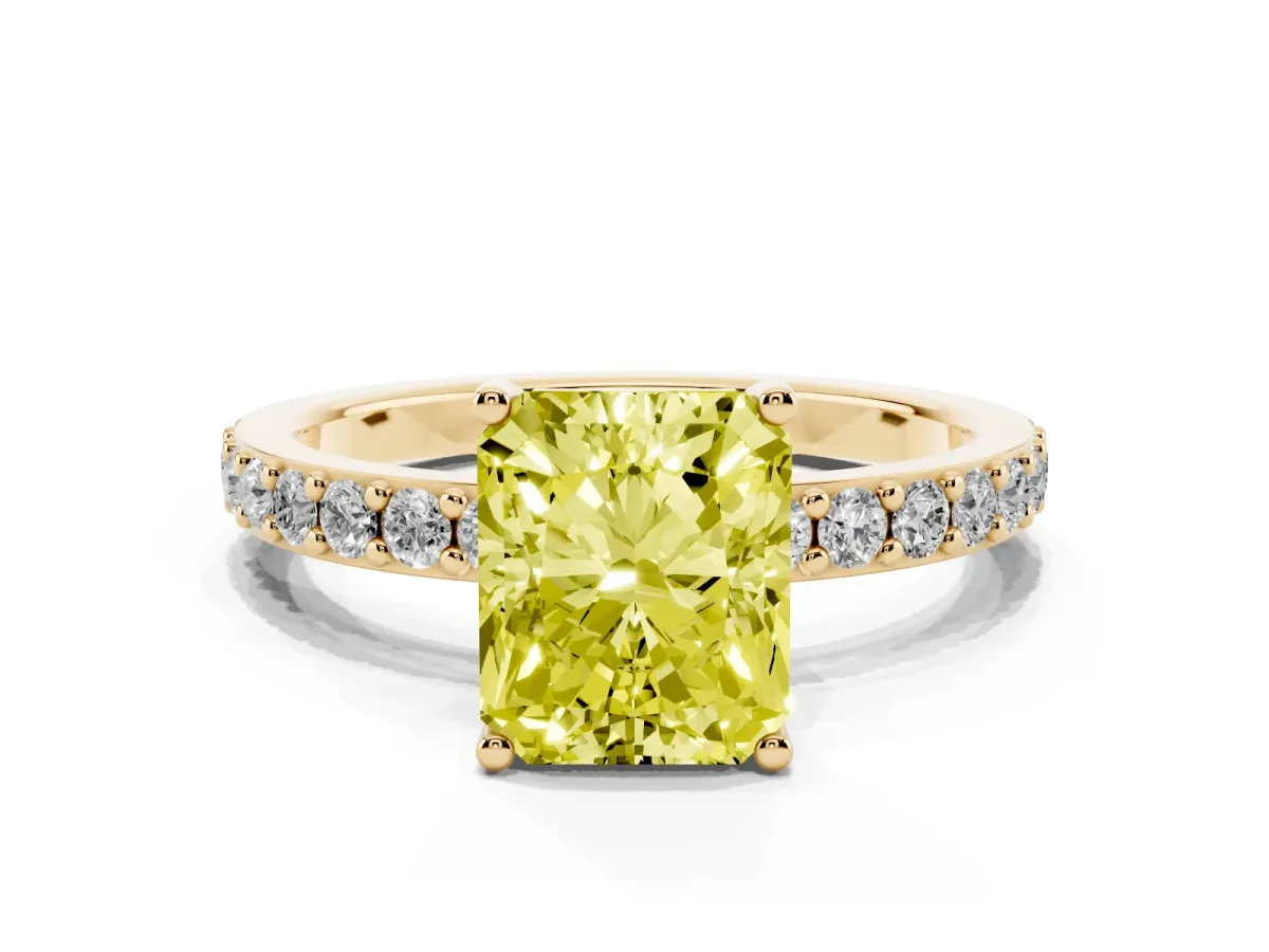Fancy Yellow Radiant Cut Cut Diamond Solitaire with Pave Band and Four-Prong Setting Yellow gold