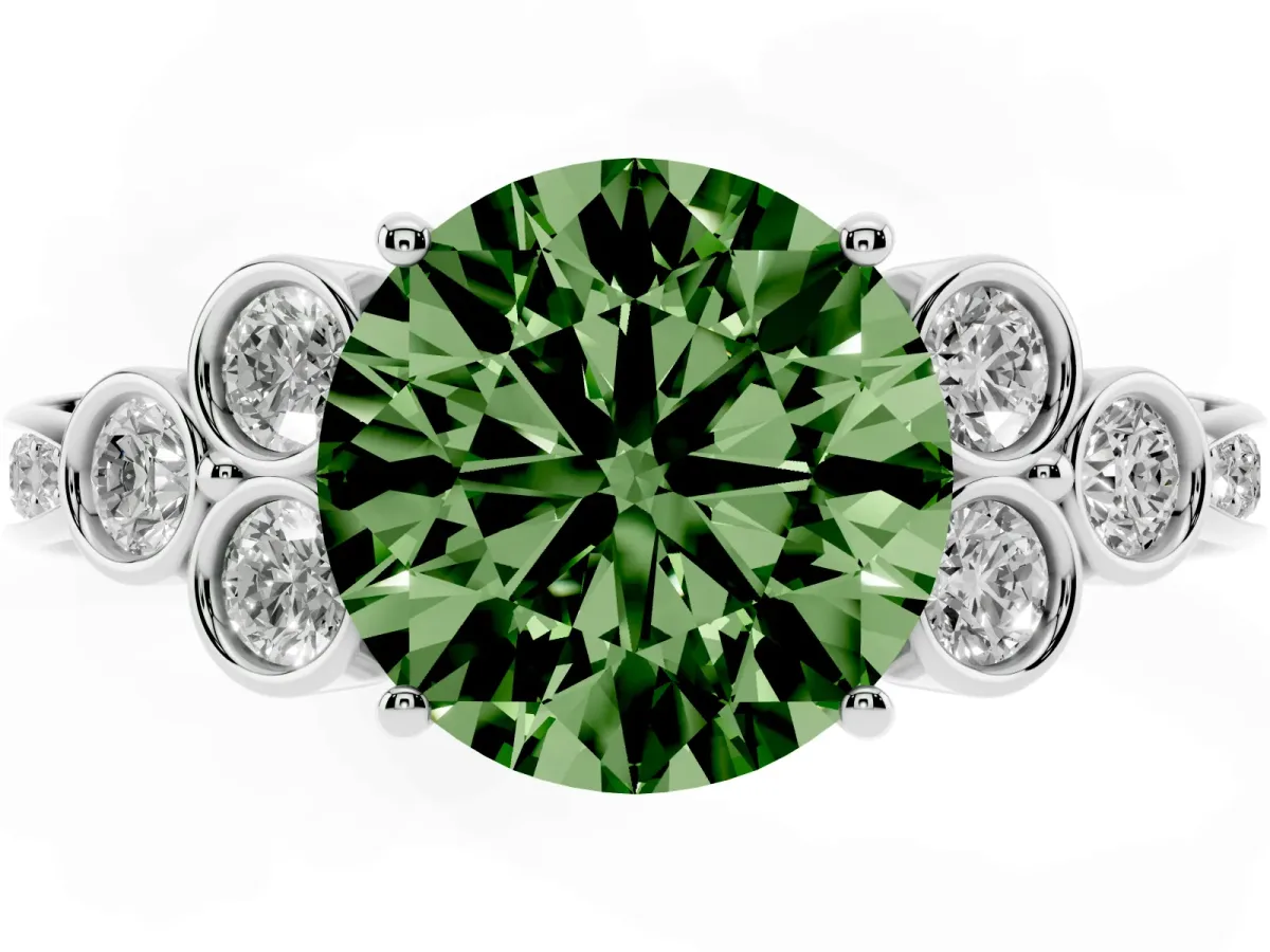 Fancy Green Round Cut Cut Diamond Engagement Ring with Bezel Set Round Side Stones and Prong Setting Platinum