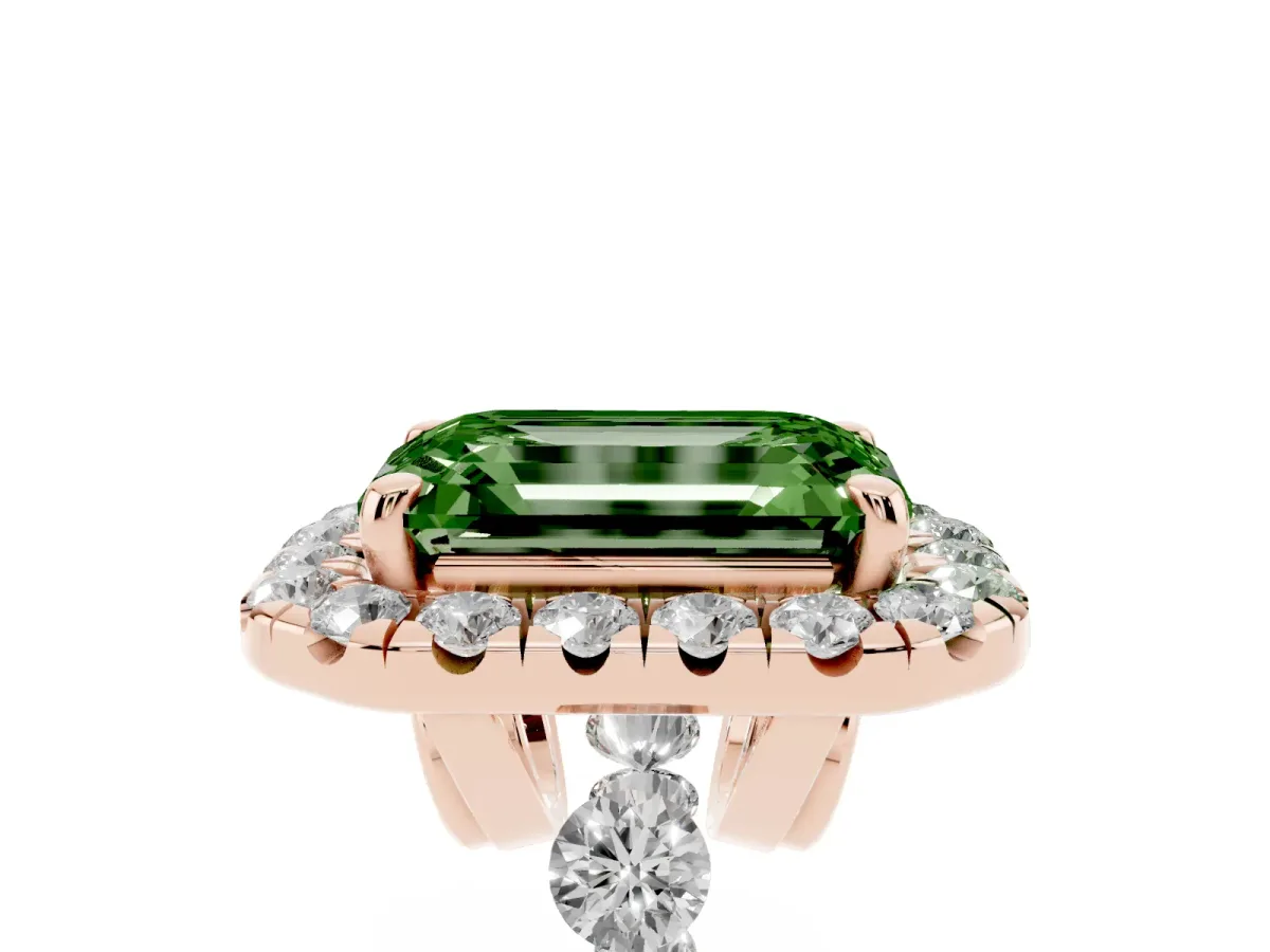 Fancy Green Emerald Cut Halo Pavé Diamond Engagement Ring with Four-Prong Setting Rose gold