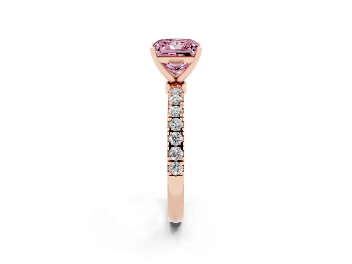 Fancy Pink Princess Cut Diamond Solitaire Ring with Pavé Accents and Four-Prong Setting Rose gold