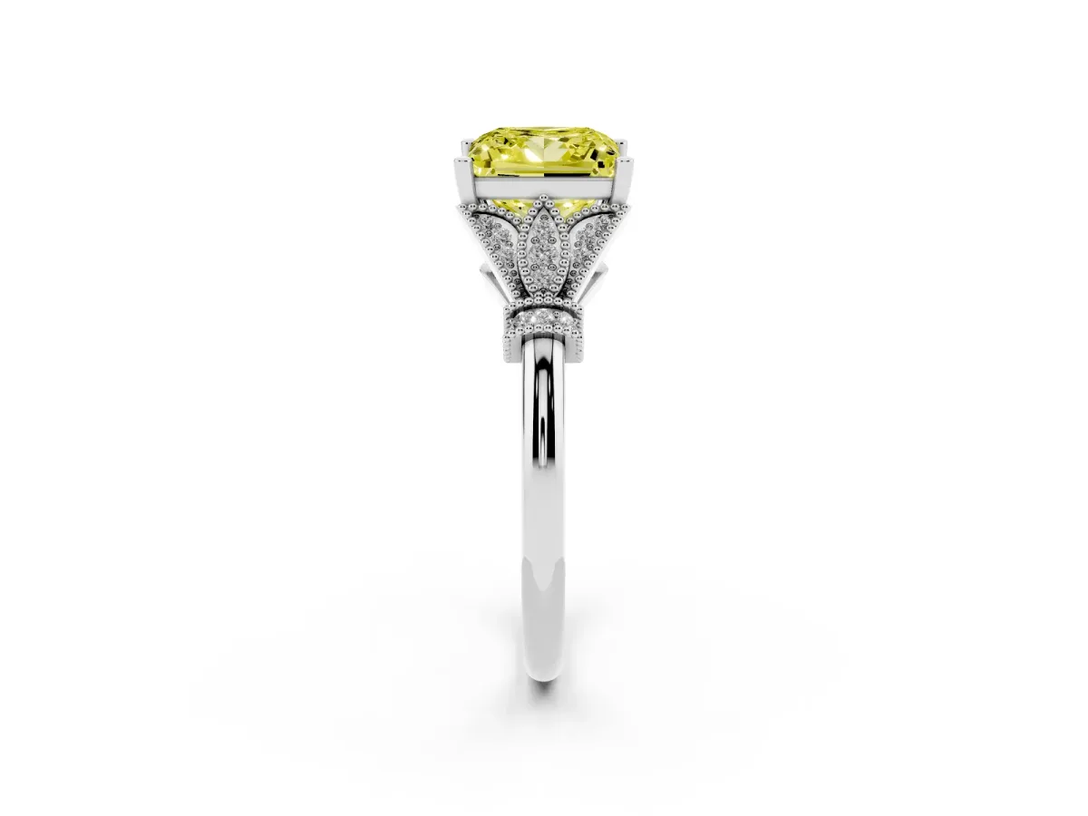 Fancy Yellow Princess Cut Diamond Solitaire Ring with Floral Filigree and Pave Accents White gold