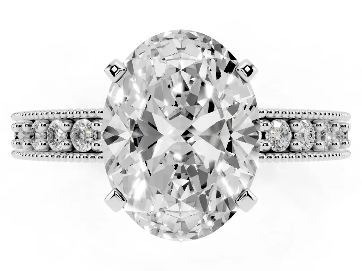 Oval Cut Diamond Milgrain Pavé Engagement Ring with Four-Prong Setting White gold