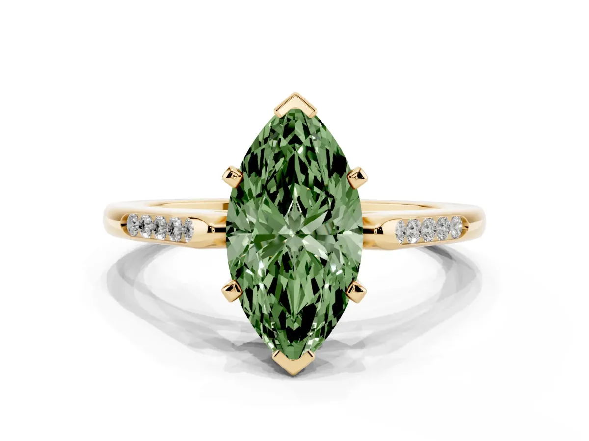 Fancy Green Marquise Cut Diamond Solitaire Ring with Channel Set Round Band and Prong Setting Yellow gold