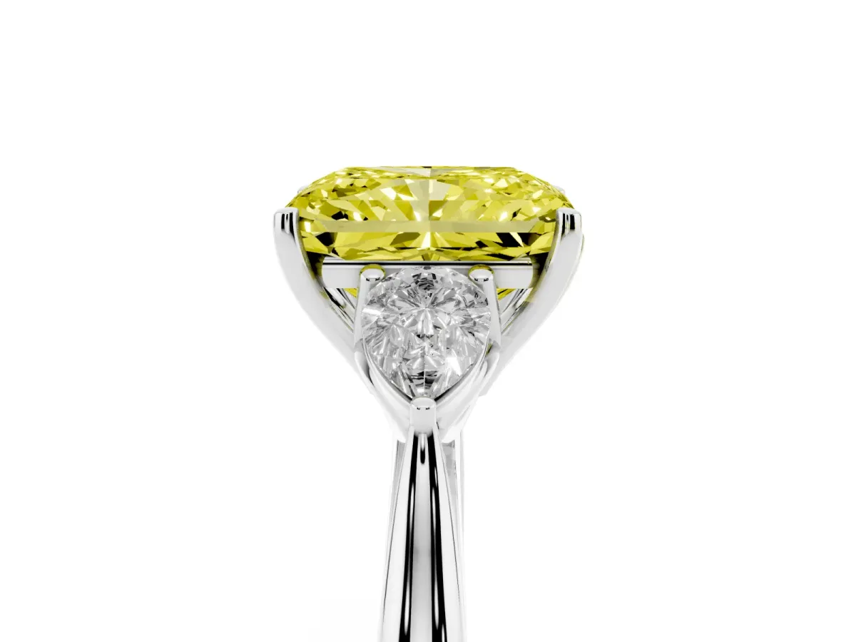Fancy Yellow Radiant Cut Diamond Three-Stone Ring with Pear Side Stones and Prong Setting Silver