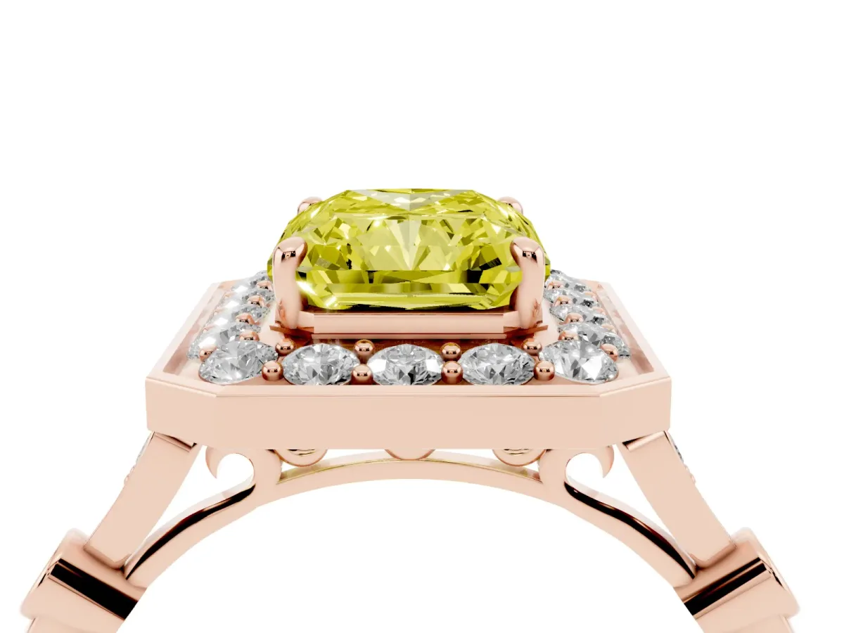 Fancy Yellow Radiant Cut Halo Diamond Engagement Ring with Twisted Band and Four-Prong Setting Rose gold