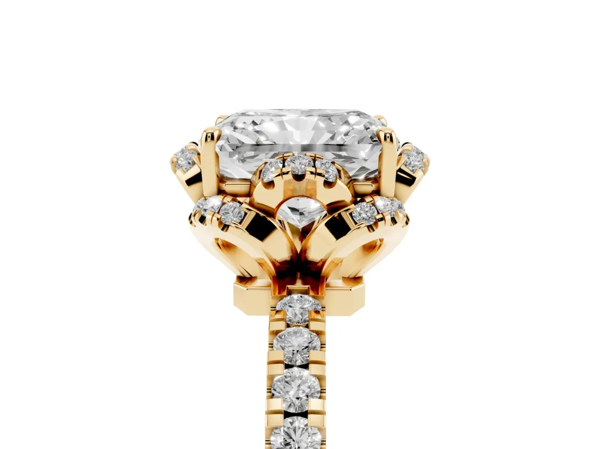 Radiant Cut Halo Diamond Pave Band Ring with Four-Prong Setting Yellow gold
