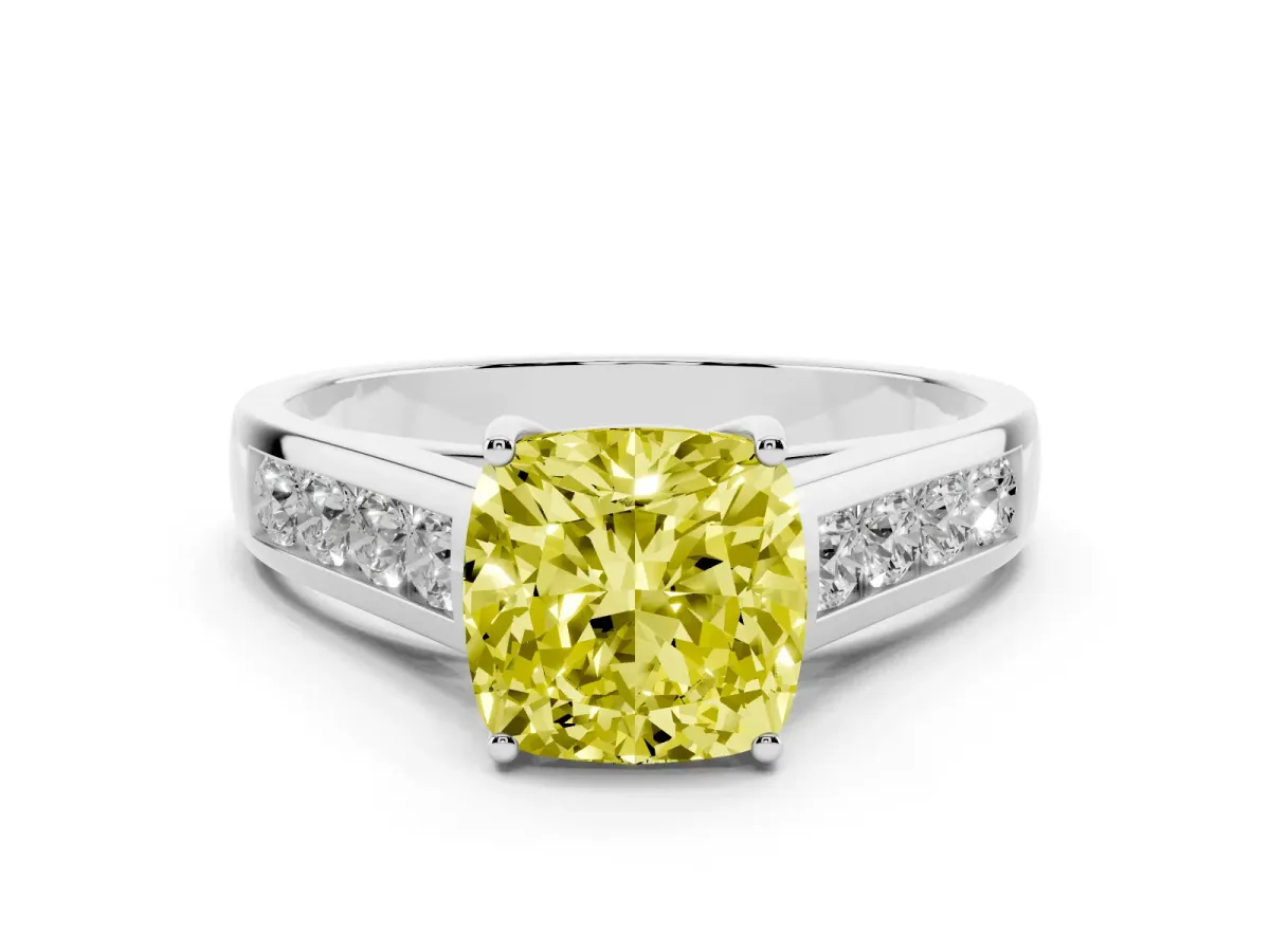 Fancy Yellow Cushion Cut Brilliant Channel-Set Solitaire Ring with Four-Prong Setting Platinum