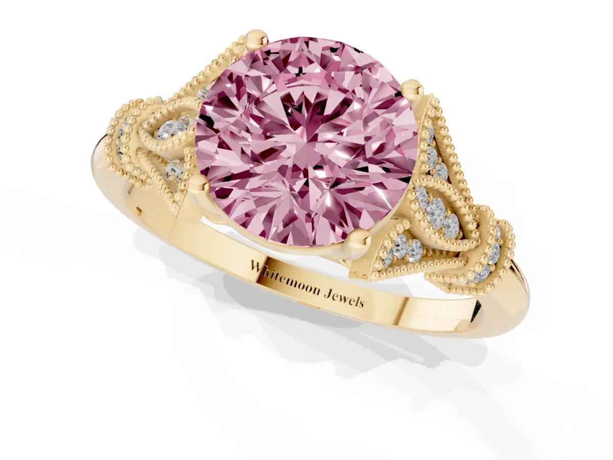 Fancy Pink Round Cut Diamond Solitaire Ring with Floral Filigree and Pave Accents Yellow gold