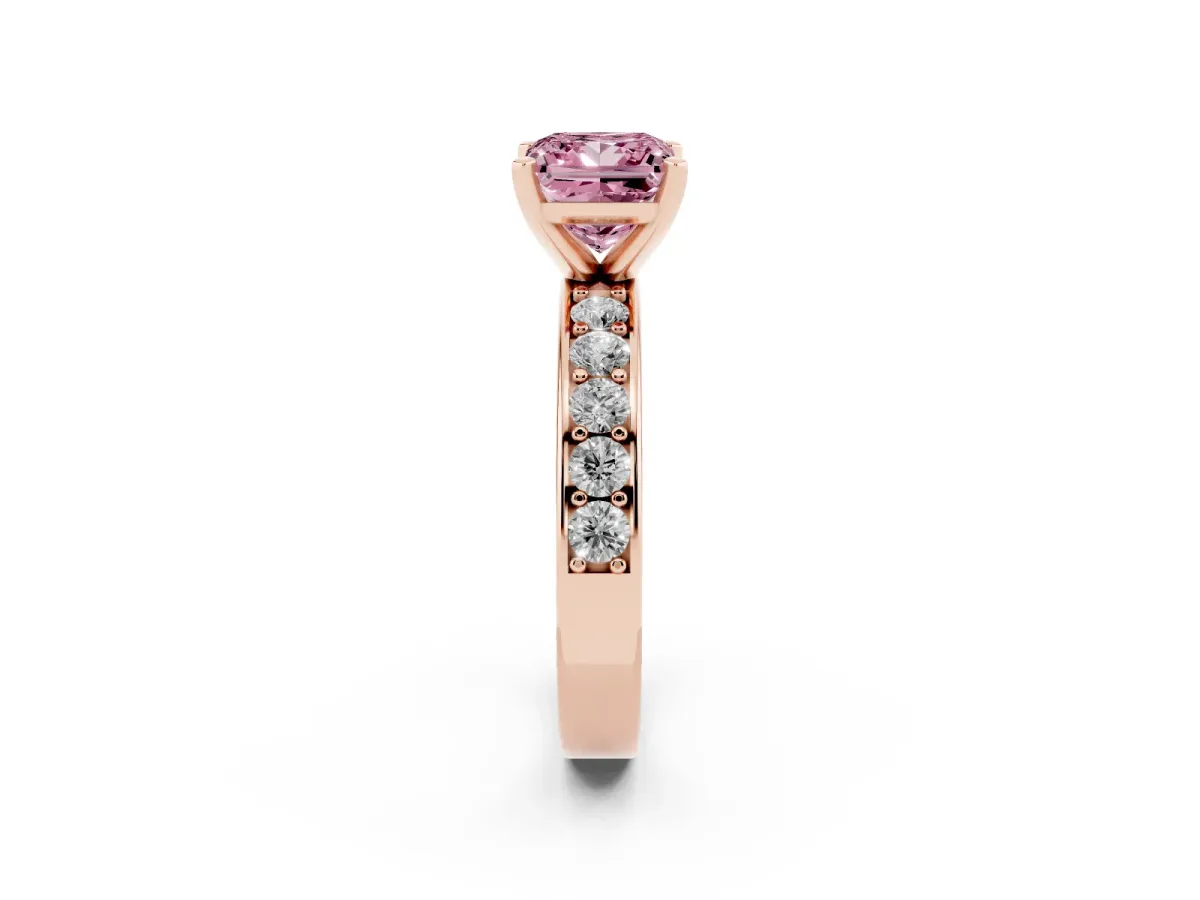 Fancy Pink Princess Cut Diamond Engagement Ring with Channel Set Round Band and Prong Setting Rose gold