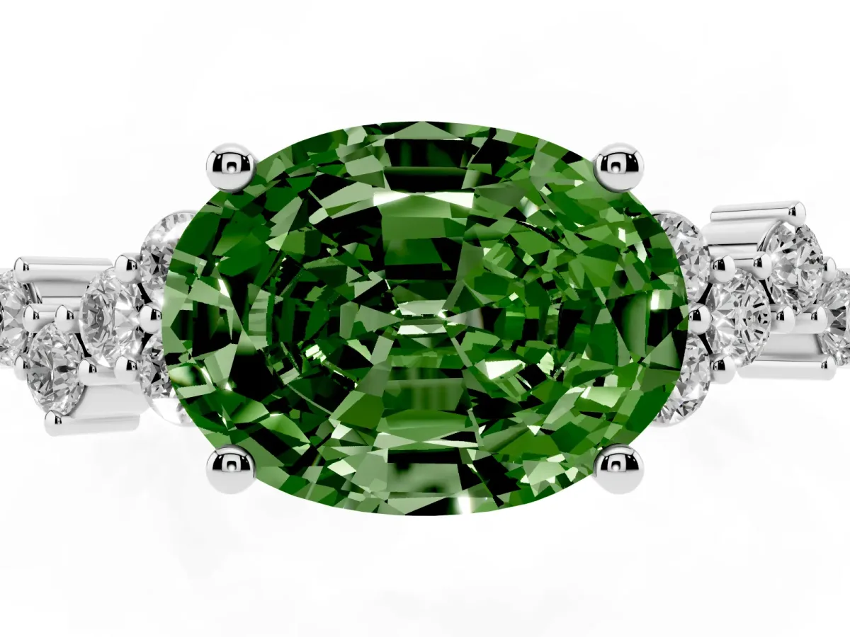 Fancy Green Oval Cut Diamond Scattered Round Accent Ring with Prong Setting Silver