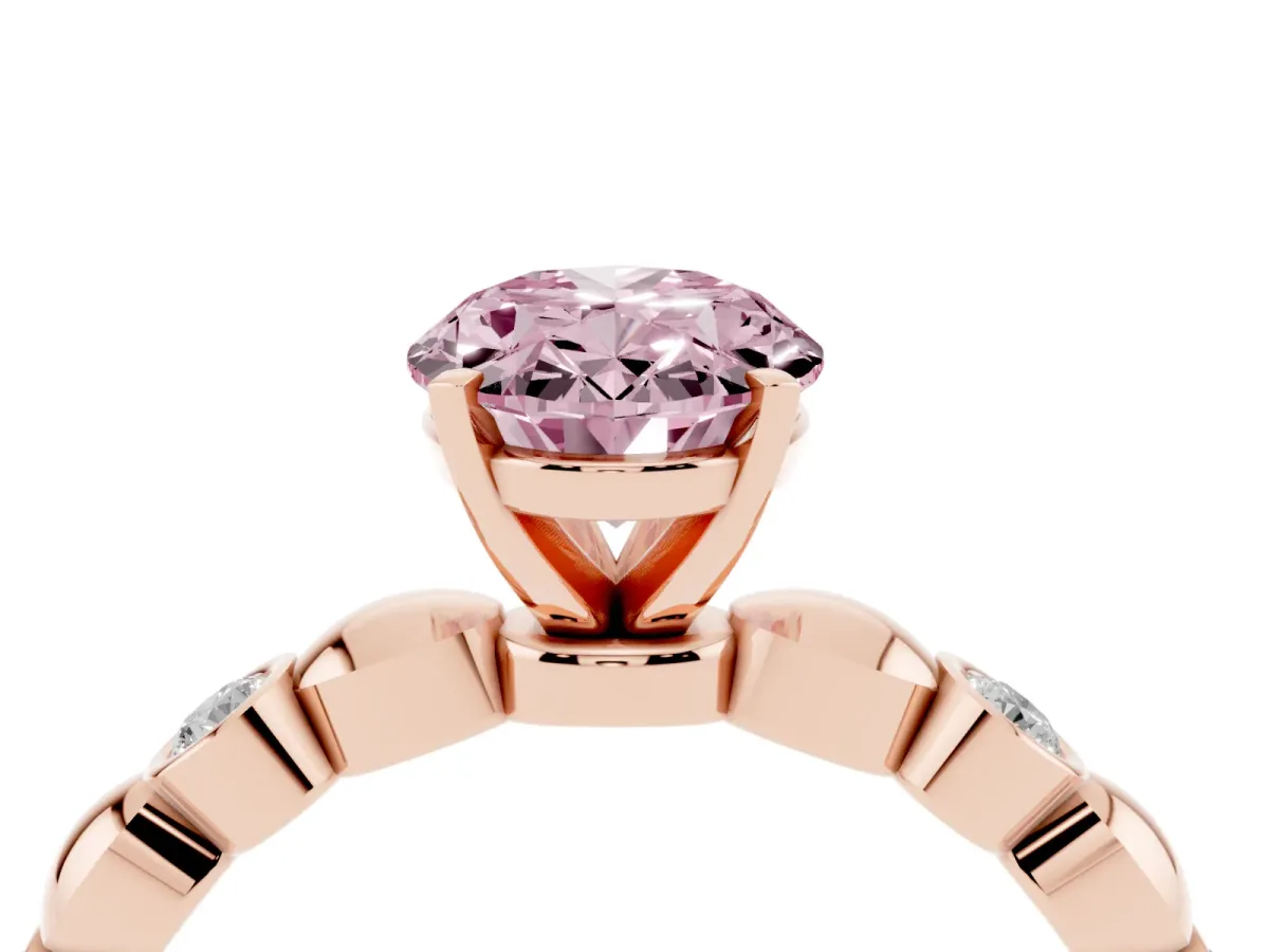 Fancy Pink Oval Cut Solitaire Bezel-Set Diamond Ring with Beaded Band and Four-Prong Setting Rose gold