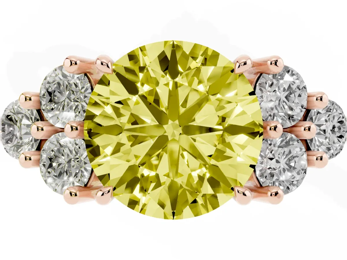 Fancy Yellow Round Cut Brilliant Diamond Cluster Accent Solitaire Ring with Prong Setting Rose gold
