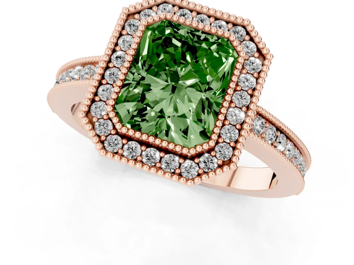 Fancy Green Radiant Cut Cut Halo Diamond Ring with Pavé Band and Milgrain Prong Setting Rose gold