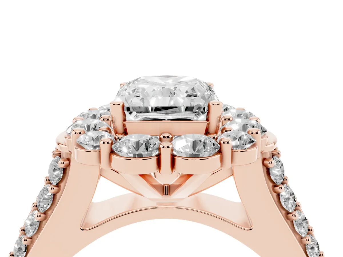 Radiant Cut Halo Diamond Engagement Ring with Split Shank and Prong Setting Rose gold