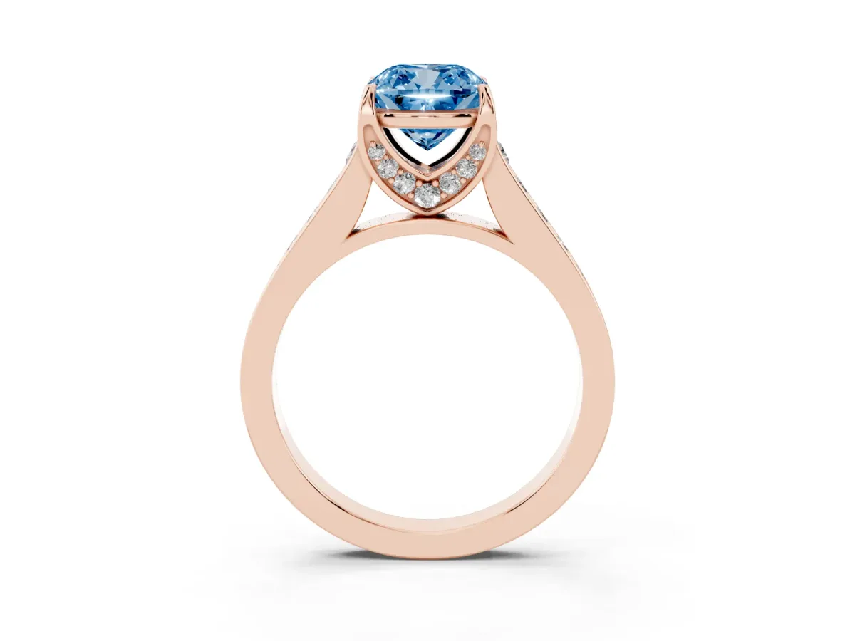 Fancy Blue Cushion Cut Brilliant Cut Diamond Engagement Ring with Pavé Band and Four-Prong Setting Rose gold