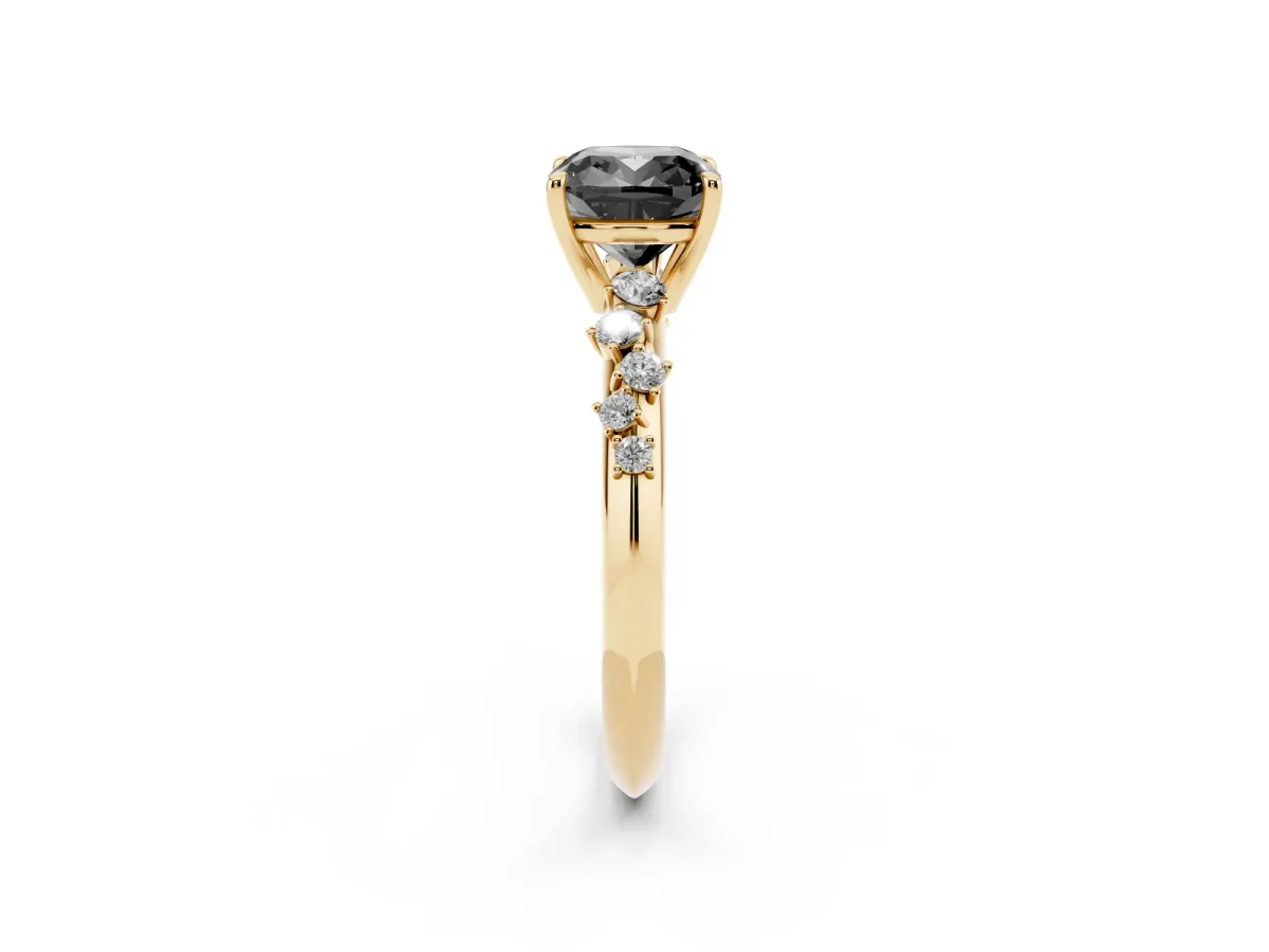 Fancy Black Cushion Cut Diamond Cluster Side Stone Solitaire Ring with Prong Setting Yellow gold