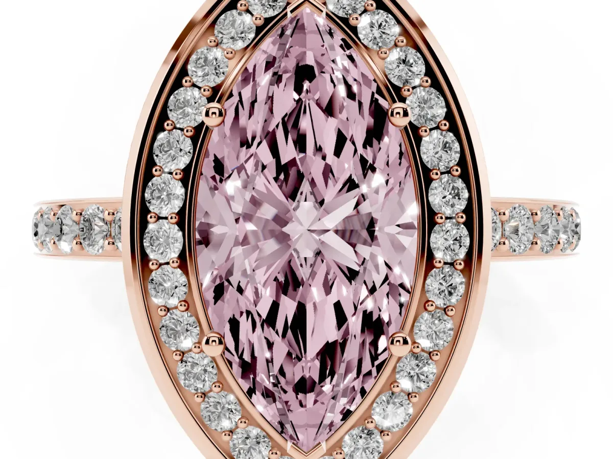 Fancy Pink Marquise Cut Diamond Halo Ring with Bezel Frame and Pavé Band Rose gold