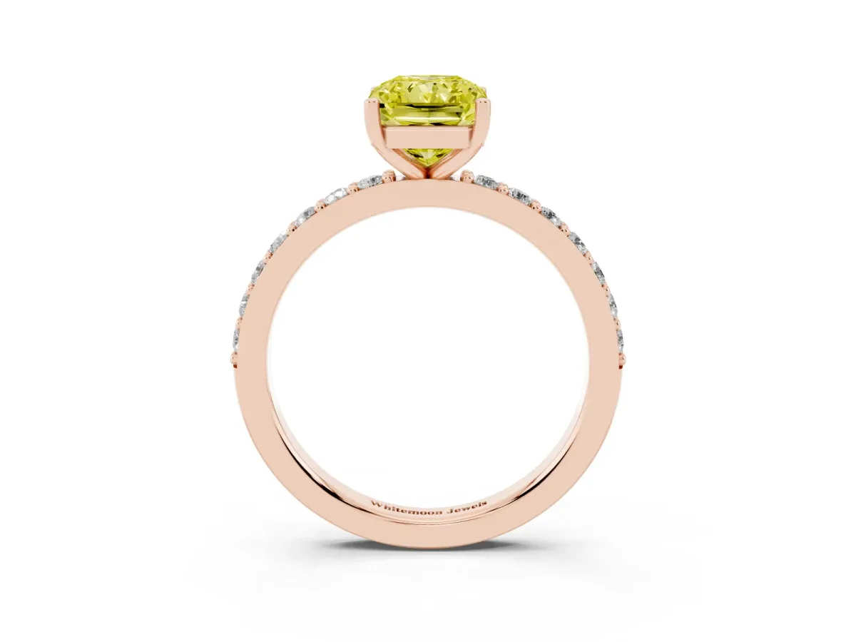Fancy Yellow Radiant Cut Cut Diamond Solitaire with Pave Band and Four-Prong Setting Rose gold