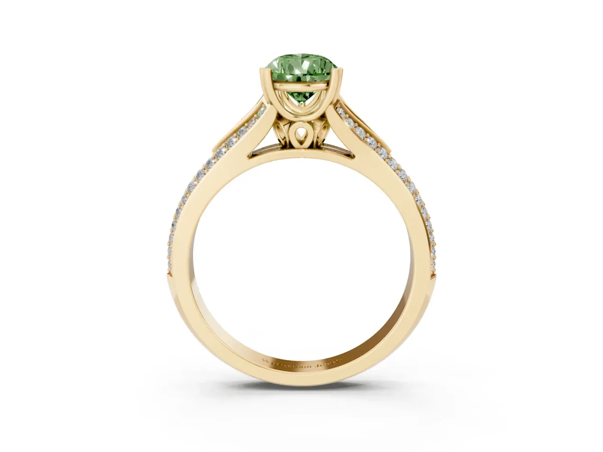 Fancy Green Pear Cut Diamond Split Shank Engagement Ring with Pavé Band Yellow gold