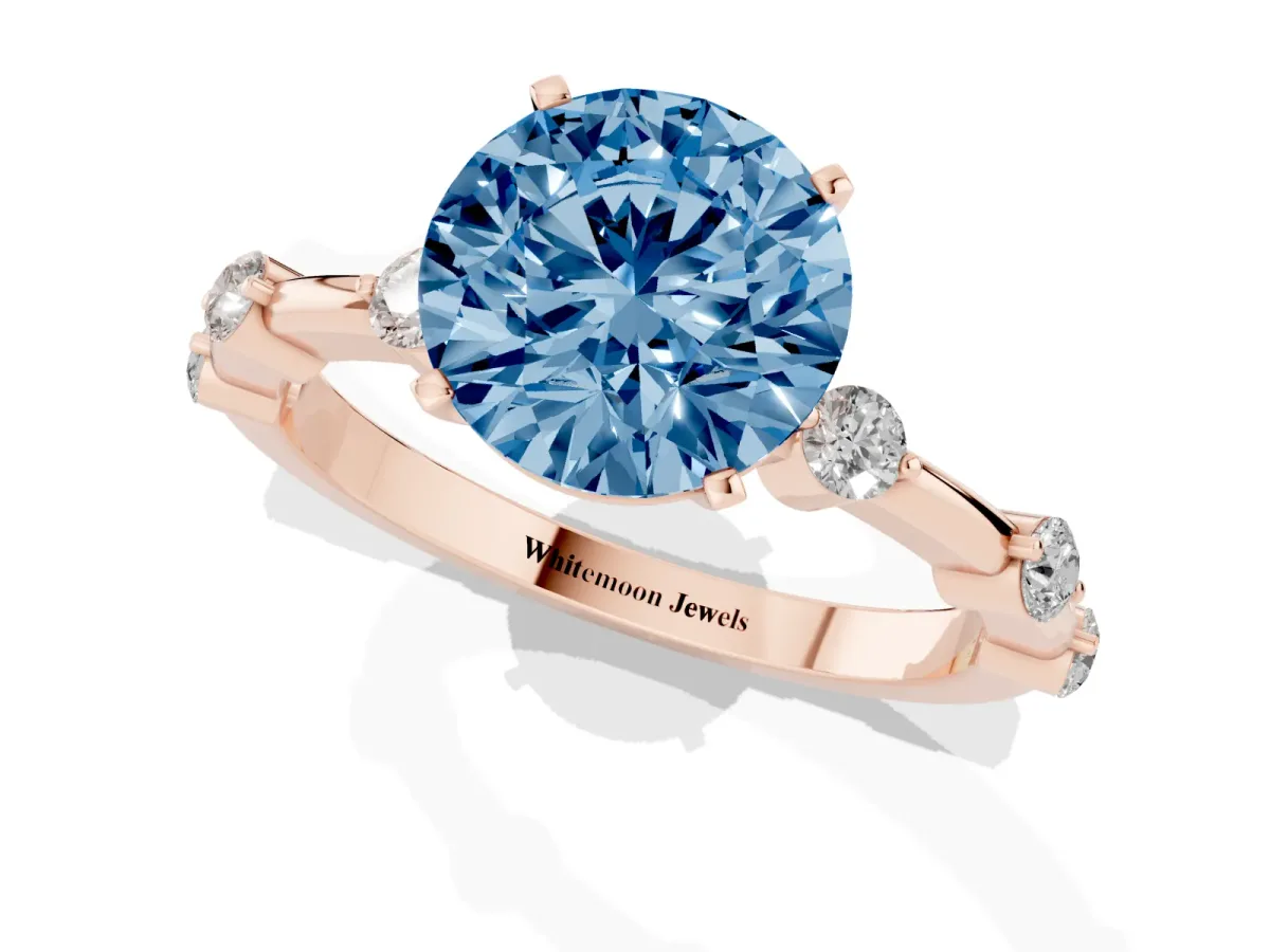 Fancy Blue Round Cut Solitaire Diamond Ring with Bezel Set Side Stones and Prong Setting Rose gold