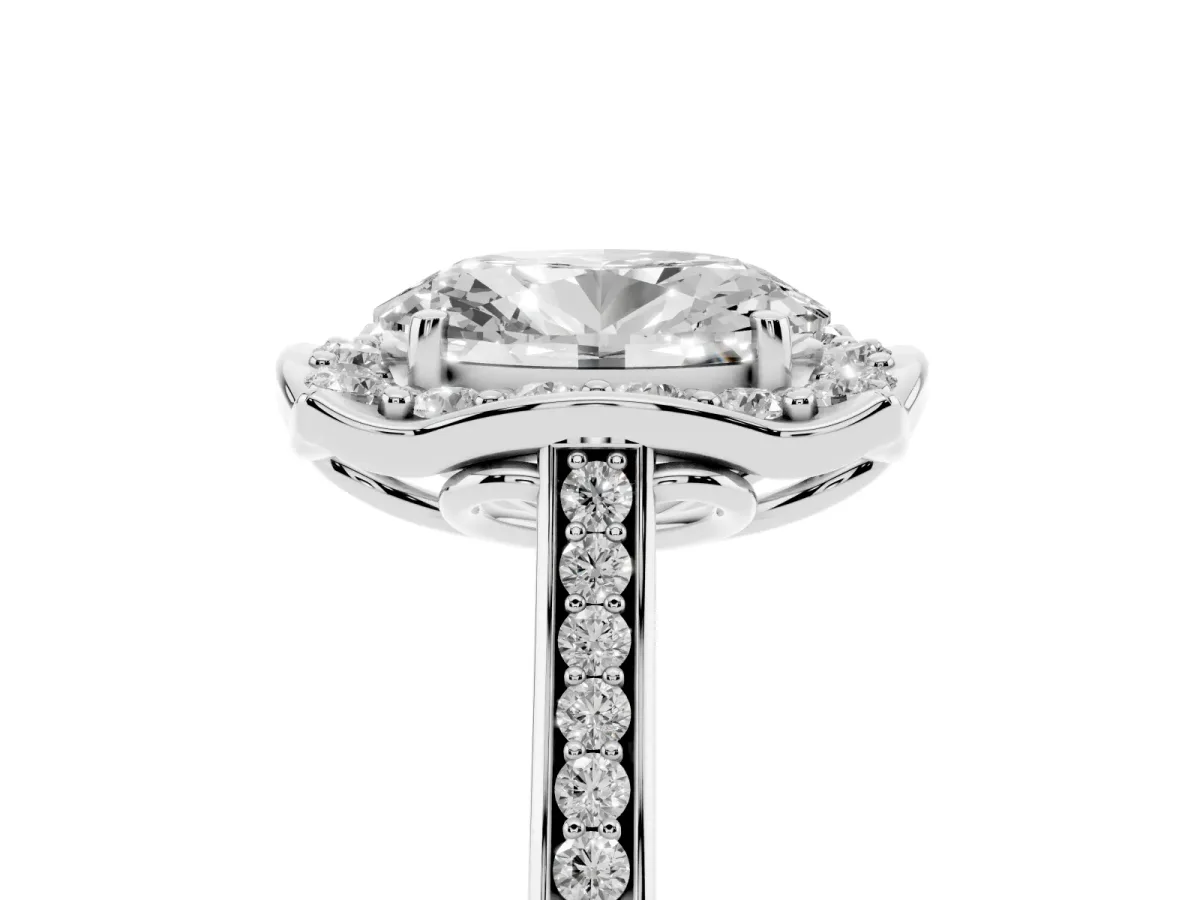 Oval Cut Halo Round Diamond Pave Band with Four-Prong Setting Silver