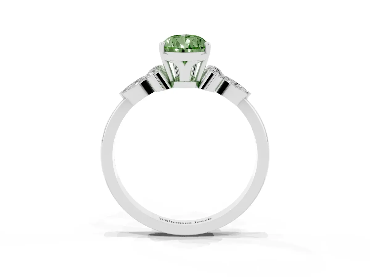 Fancy Green Pear Cut Brilliant Diamond Solitaire Ring with Pear Side Stones and Four-Prong Setting White gold
