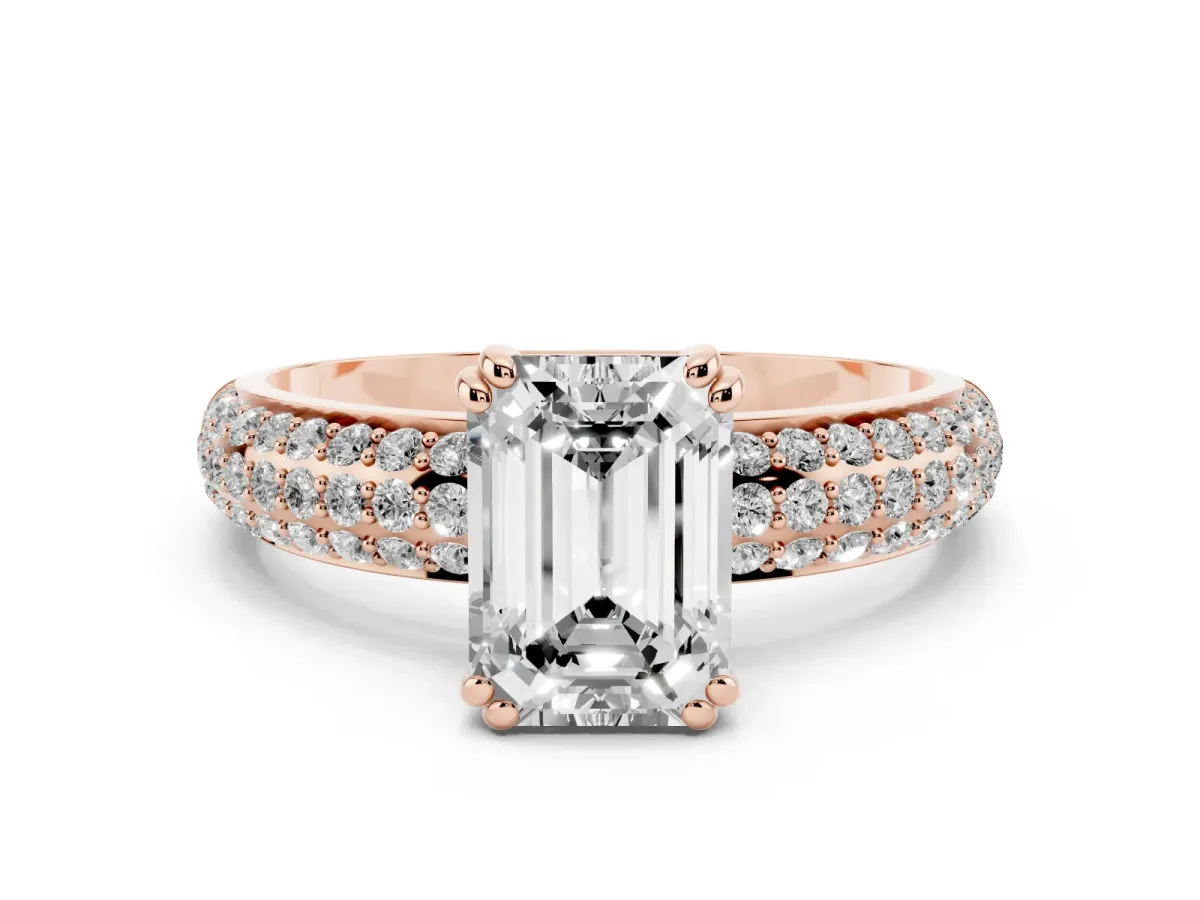 Emerald Cut Diamond Solitaire Ring with Multi-Row Round Pavé Band and Prong Setting Rose gold