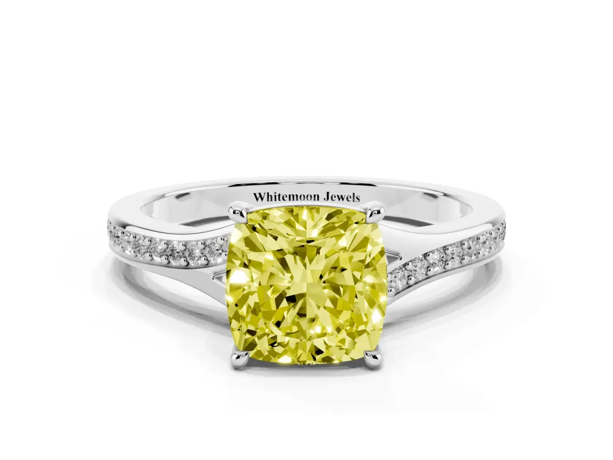 Fancy Yellow Cushion Cut Diamond Solitaire Ring with Pavé Band and Prong Setting Silver