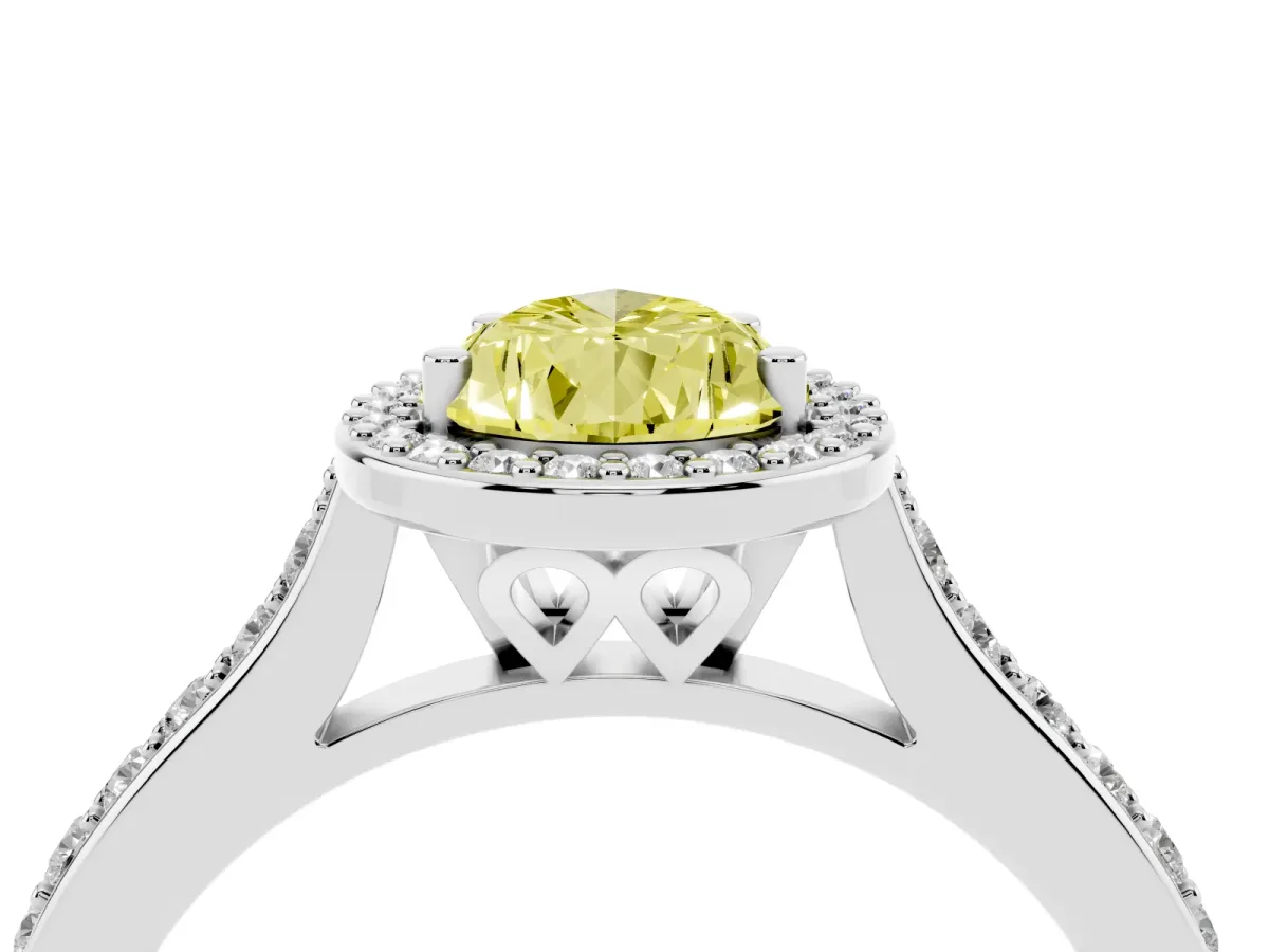 Fancy Yellow Pear Cut Diamond Halo Engagement Ring with Round Pavé Shoulders and Prong Setting White gold