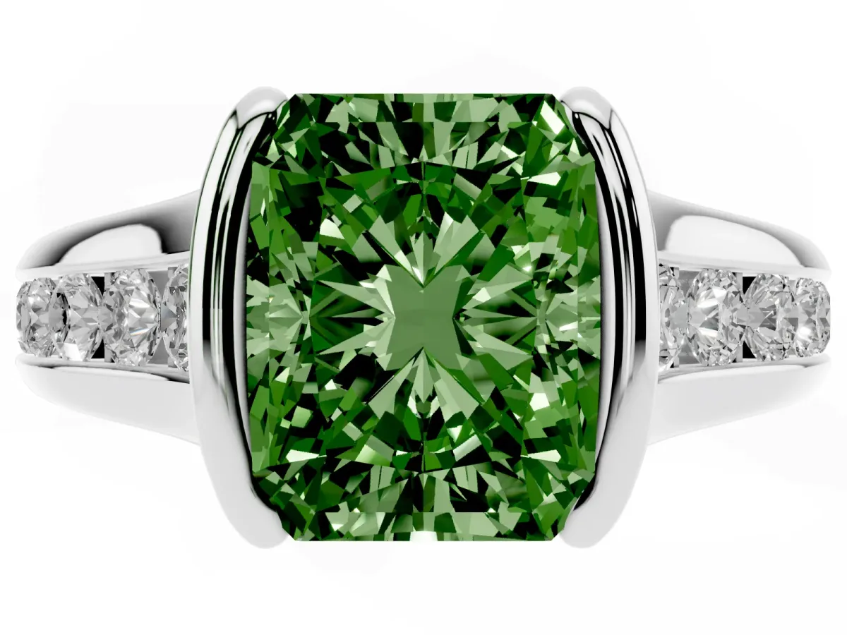 Fancy Green Radiant Cut Solitaire Bezel-Set Diamond Ring with Channel-Set Band Silver
