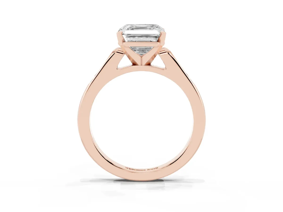 Asscher Cut Diamond Solitaire Ring with Channel Set Round Band and Prong Setting Rose gold