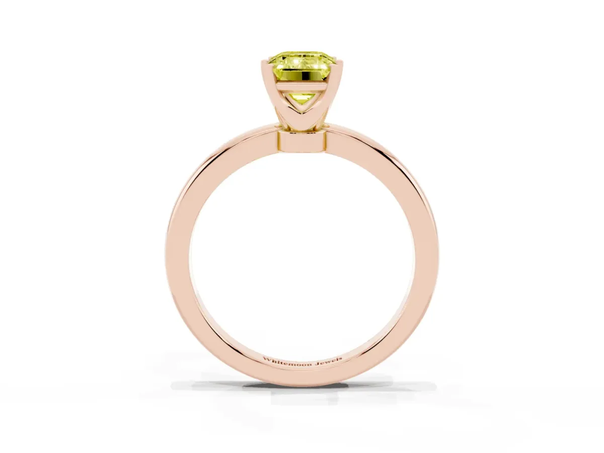 Fancy Yellow Emerald Cut Solitaire Diamond Ring with Six-Prong Setting on a Classic Band Rose gold