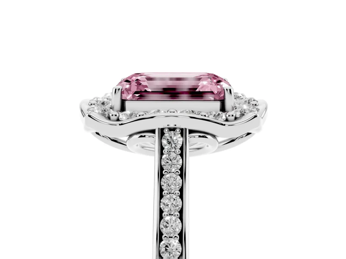 Fancy Pink Emerald Cut Halo Round Diamond Pave Band with Four-Prong Setting Platinum