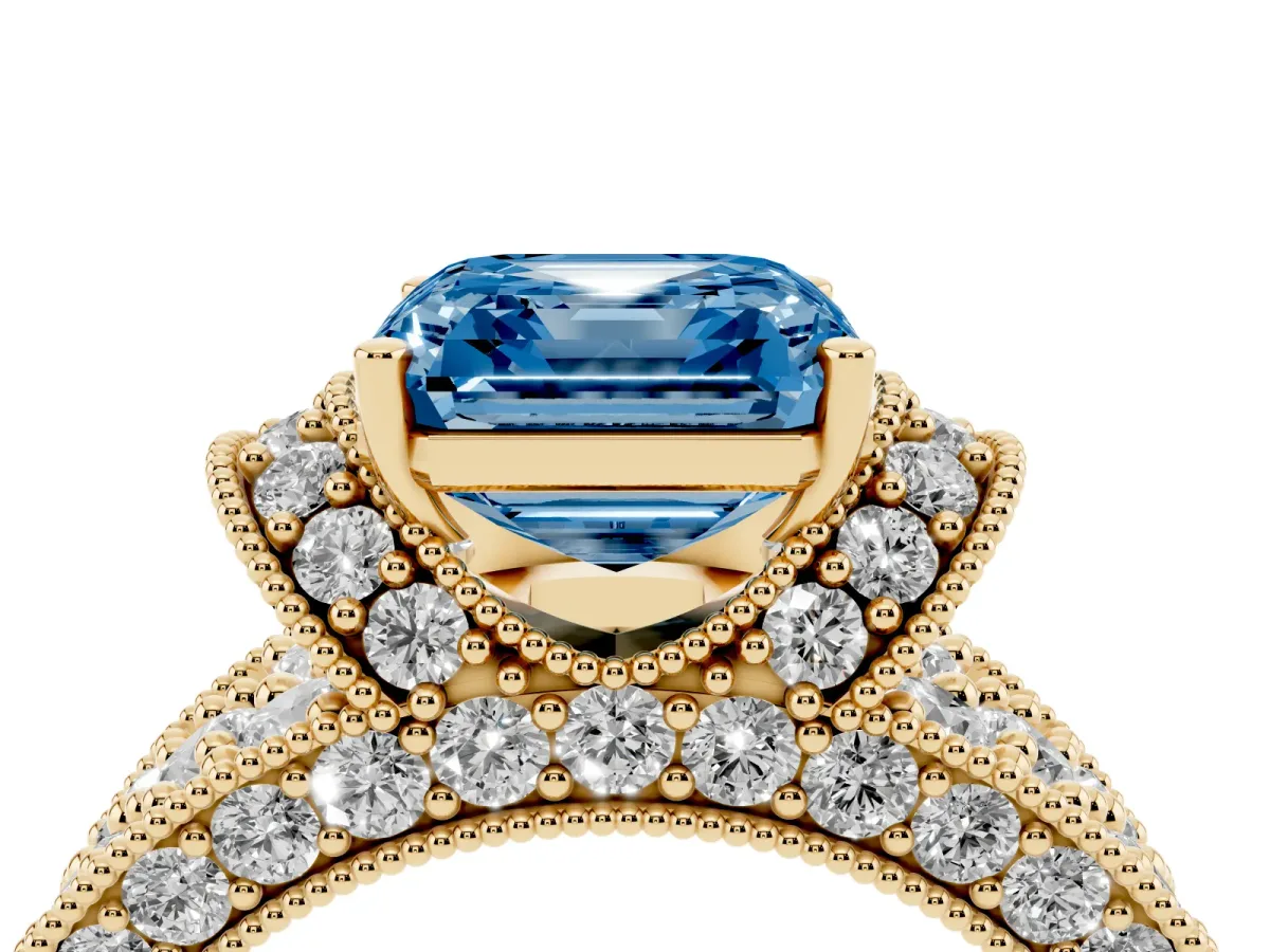 Fancy Blue Asscher Cut Halo Pave Diamond Engagement Ring with Milgrain Detailing Yellow gold