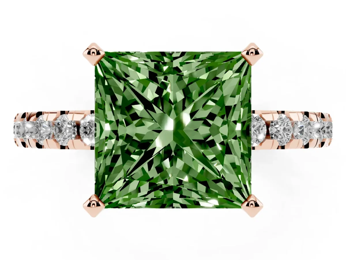 Fancy Green Princess Cut Diamond Solitaire Ring with Round Pavé Band and Four-Prong Setting Rose gold