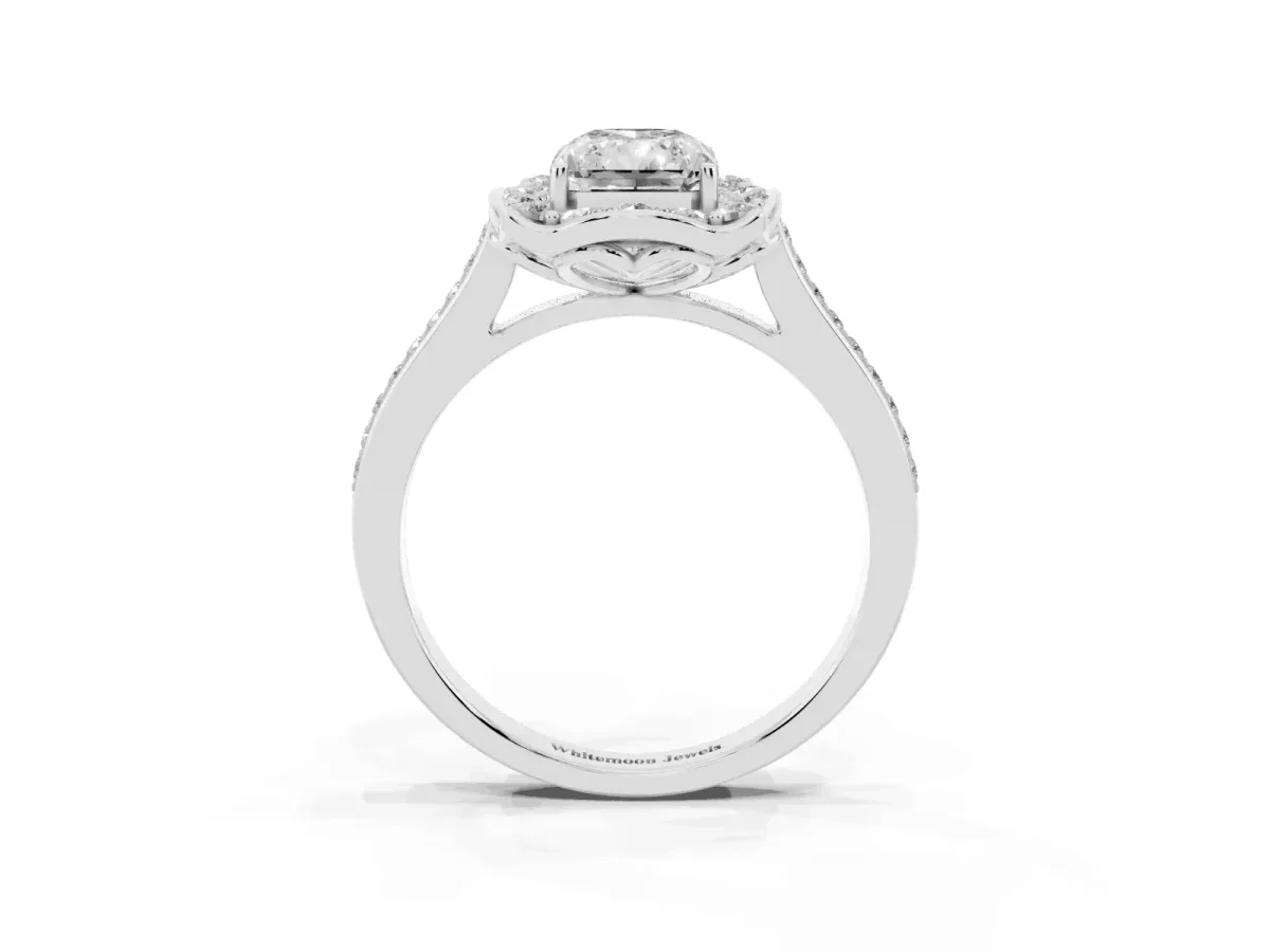 Radiant Cut Halo Round Diamond Pave Band with Four-Prong Setting Platinum