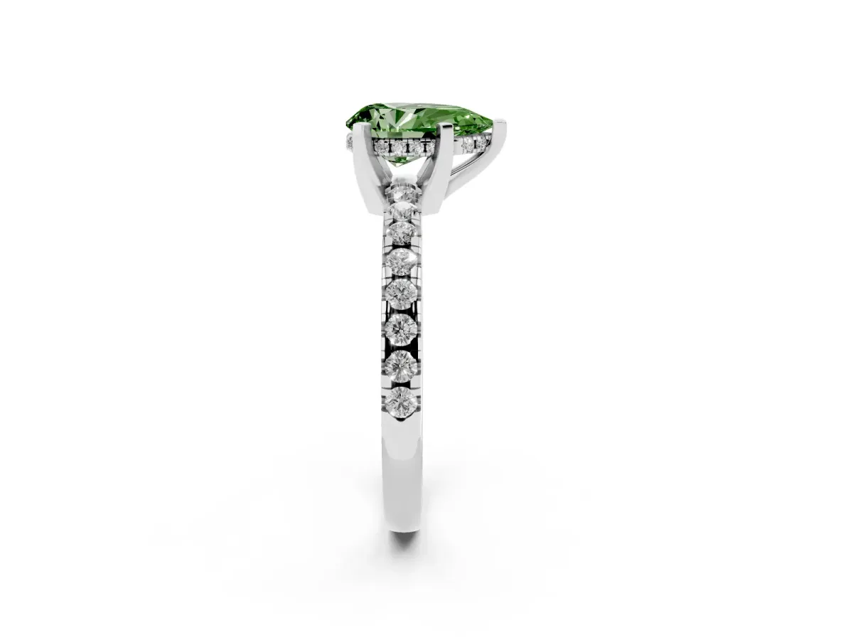 Fancy Green Pear Cut Diamond Solitaire Ring with Round Pavé Band and Four-Prong Setting Silver