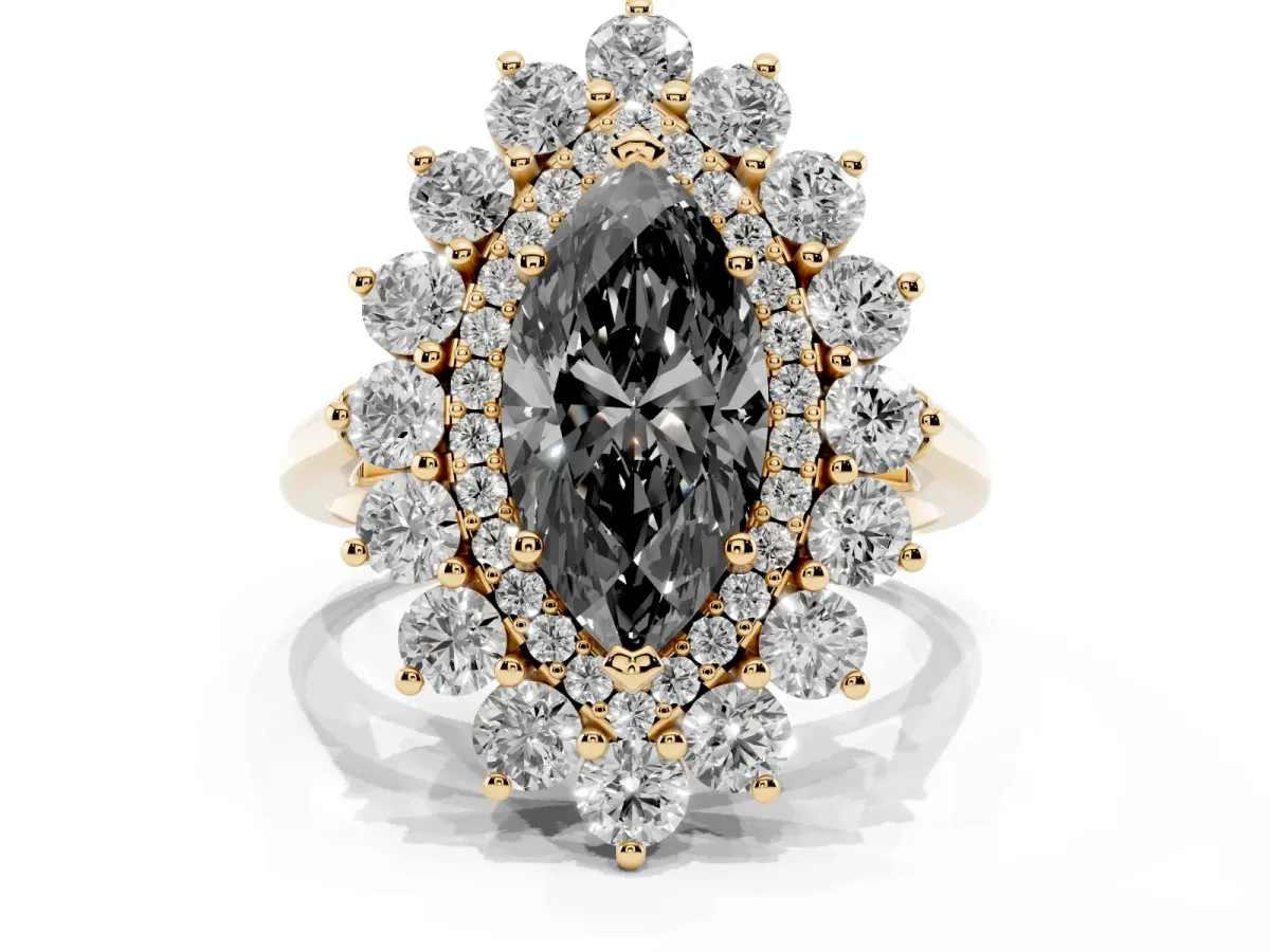 Fancy Black Marquise Cut Diamond Floral Double Halo Engagement Ring with Prong Setting Yellow gold