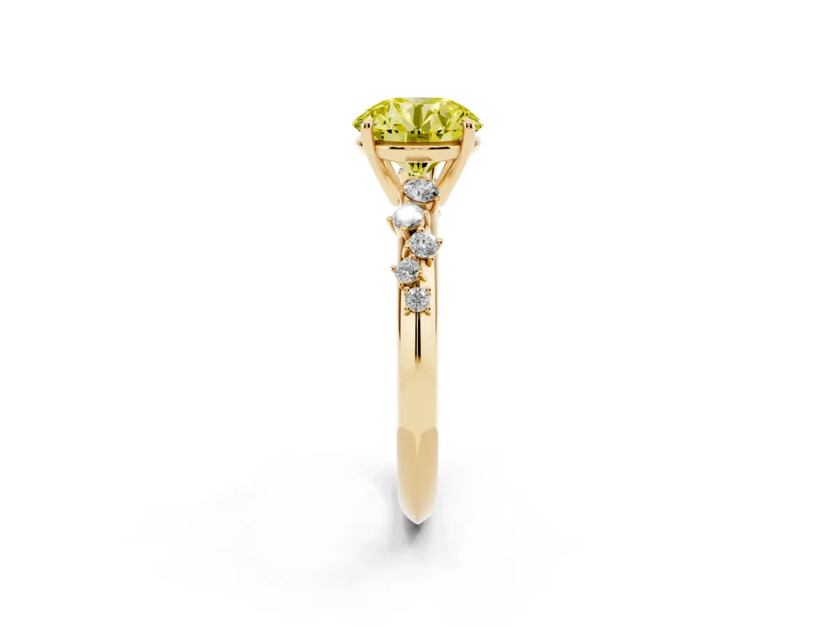 Fancy Yellow Round Cut Diamond Cluster Side Stone Solitaire Ring with Prong Setting Yellow gold