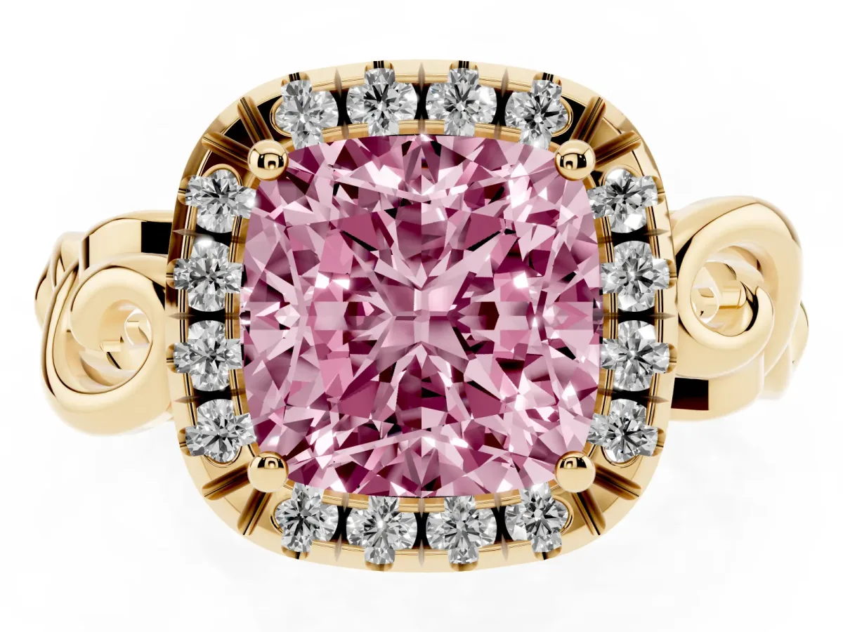 Fancy Pink Cushion Cut Cut Halo Diamond Ring with Scrollwork Band and Four-Prong Setting Yellow gold