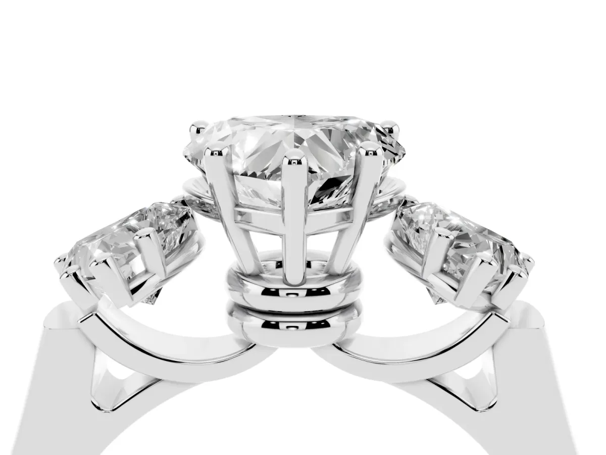 Three-Stone Heart Cut Brilliant Diamond Trellis Ring with Comfort Fit Band White gold