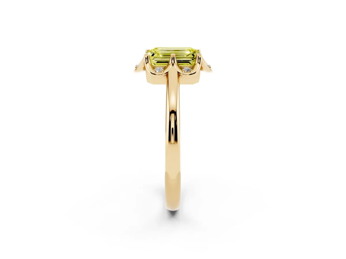 Fancy Yellow Emerald Cut Halo Diamond Ring with Round Cluster Setting, Solitaire Band, and Four-Prong Setting Yellow gold