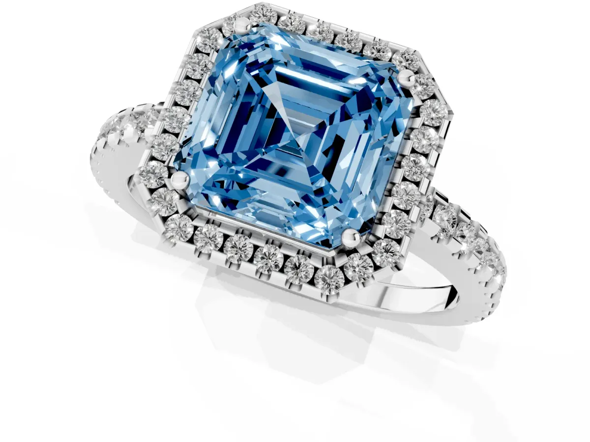 Fancy Blue Asscher Cut Diamond Halo Engagement Ring with Pavé Band and Prong Setting Platinum