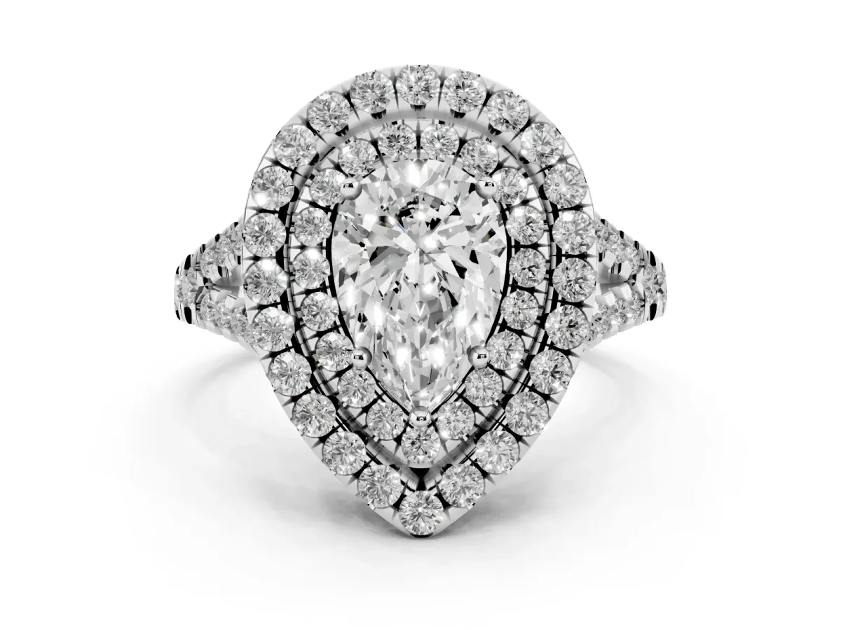 Double Halo Pear Cut Diamond Pavé Split Shank Ring with Prong Setting Silver