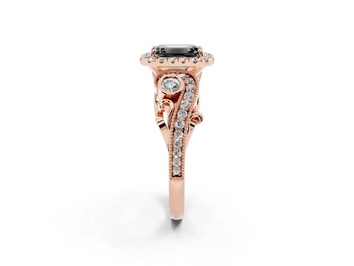 Fancy Black Emerald Cut Halo Diamond Ring with Milgrain and Bezel Accents on a Split Shank Band Rose gold